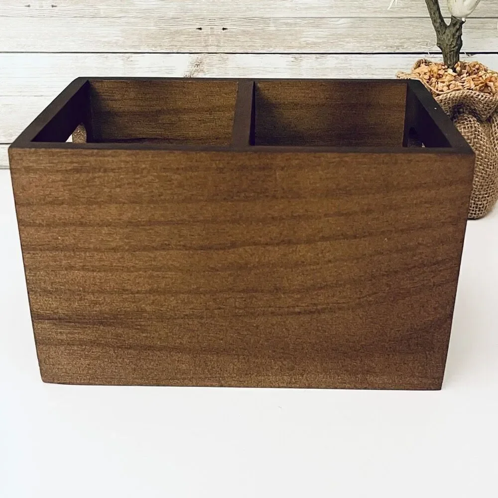 NWT Gorgeous Tan/ Brown Pine Wood Remotes Graphic 2 Slots Minimalist Organizer